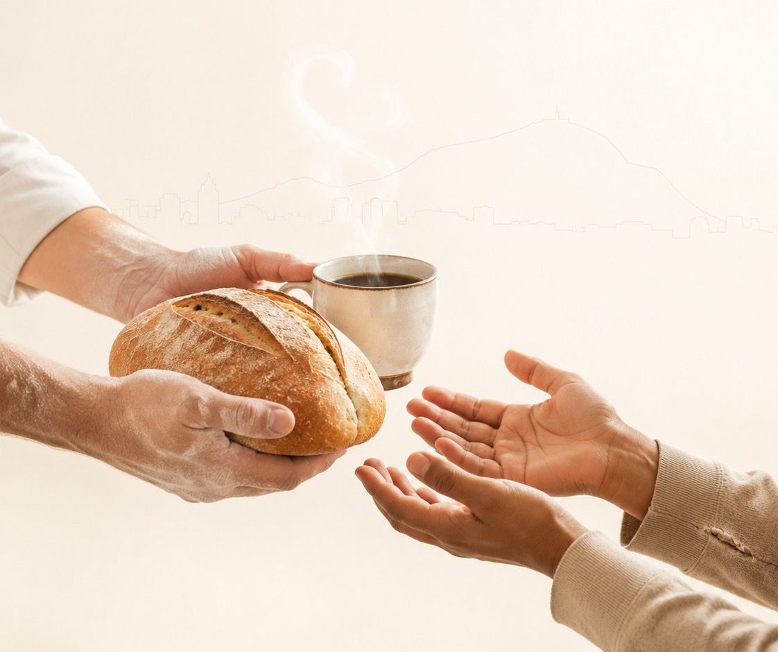 Manos que comparten un pan y una taza de café